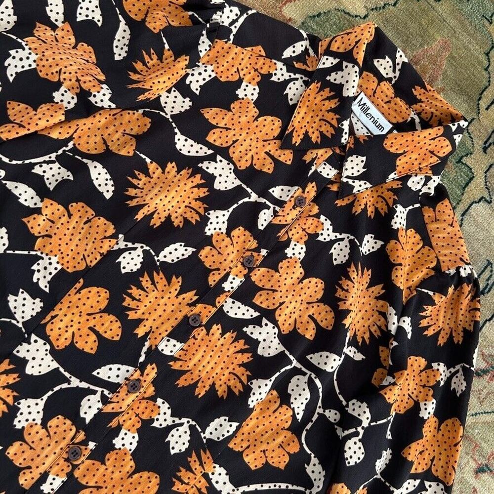 Vintage Mod Flower Blouse Women's Large Orange Brown Retro Daisey By Millenium - Picture 7 of 8